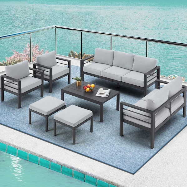7-Piece Black Aluminium Patio Conversation Set with Light Gray Cushions and Table