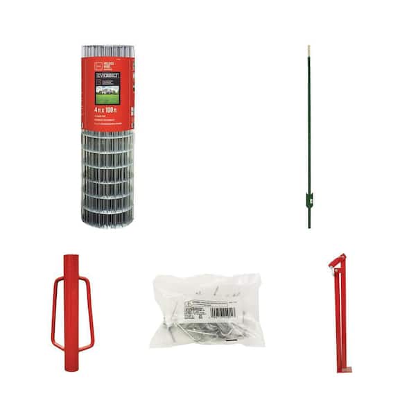 4 ft. x 100 ft. Steel Welded Wire, 6 ft. Green Steel T-Post, Driver, Clips (25-Bag) and Puller Combo