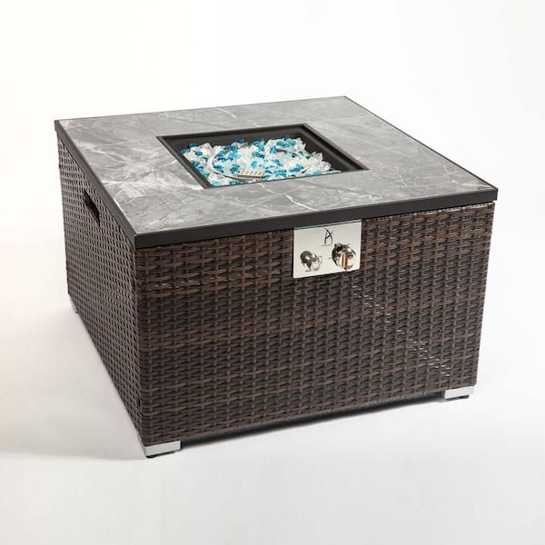 Unbranded 50000BTU Antique Espresso Square Rattan 32 in. Fire Table with Ceramic Tile Tabletop