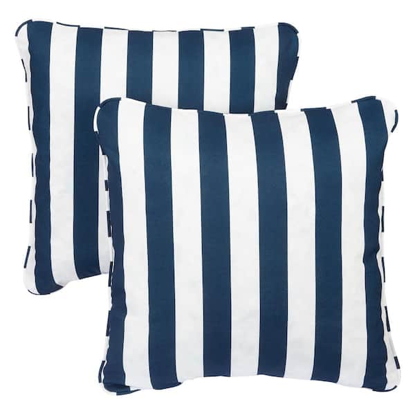 SORRA HOME Stripes Oxford Navy Square Outdoor Throw Pillow (2-Pack)