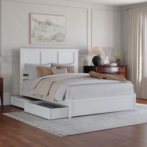 AFI Felicity White Solid Wood Frame Queen Platform Bed with Panel Footboard and Storage Drawers