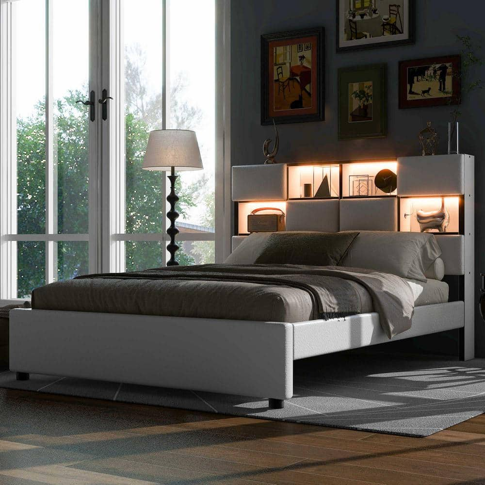 Beige Wood Frame Queen Size Linen Upholstered Platform Bed with Storage Headboard, 2 USB, LED Lighted Compartments -  Harper & Bright Designs, WMSL023AAA-Q