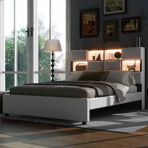 Beige Wood Frame Queen Size Linen Upholstered Platform Bed with Storage Headboard, 2 USB, LED Lighted Compartments