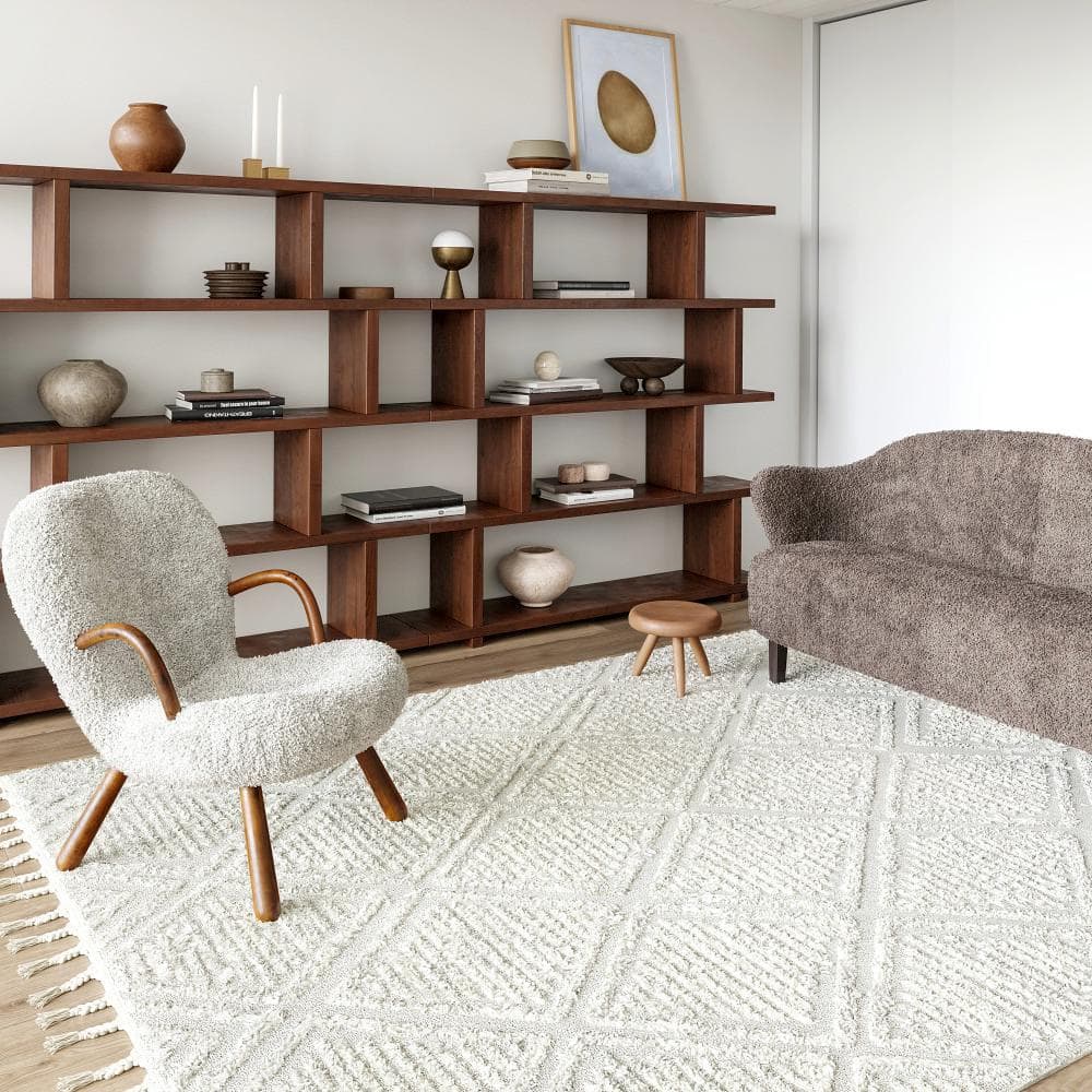 Ivory Diamond Pattern Synthetic Rectangular Area Rug