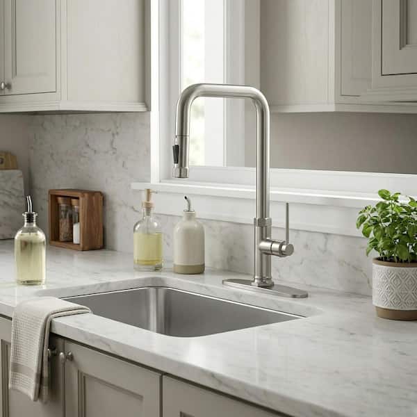 Single Handle Pull Down Sprayer Kitchen Faucet with 2-Mode Sprayer in Brushed Nickel