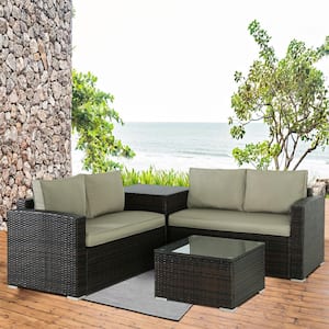 4-Piece Brown Wicker Outdoor Sectional Patio Set Furniture Corner Sofa with Tan Cushions, Tea Table and Storage Box