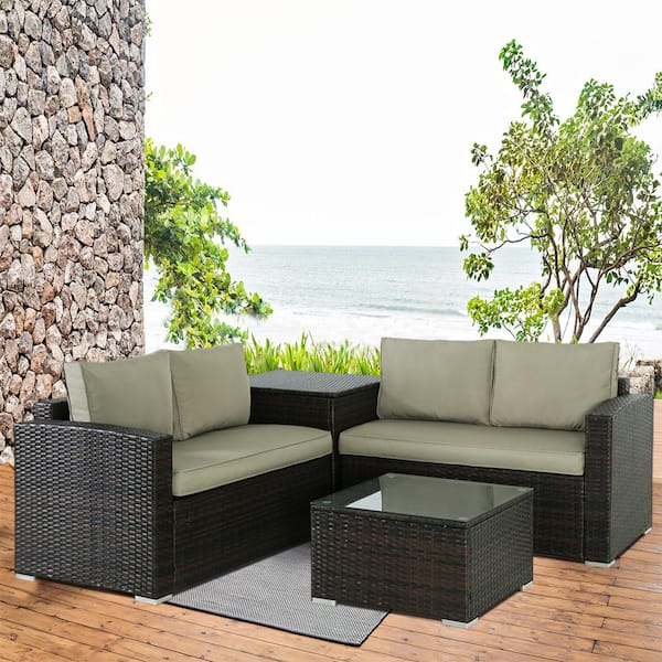 Zeus & Ruta 4-Piece Brown Wicker Outdoor Sectional Patio Set Furniture Corner Sofa with Tan Cushions, Tea Table and Storage Box