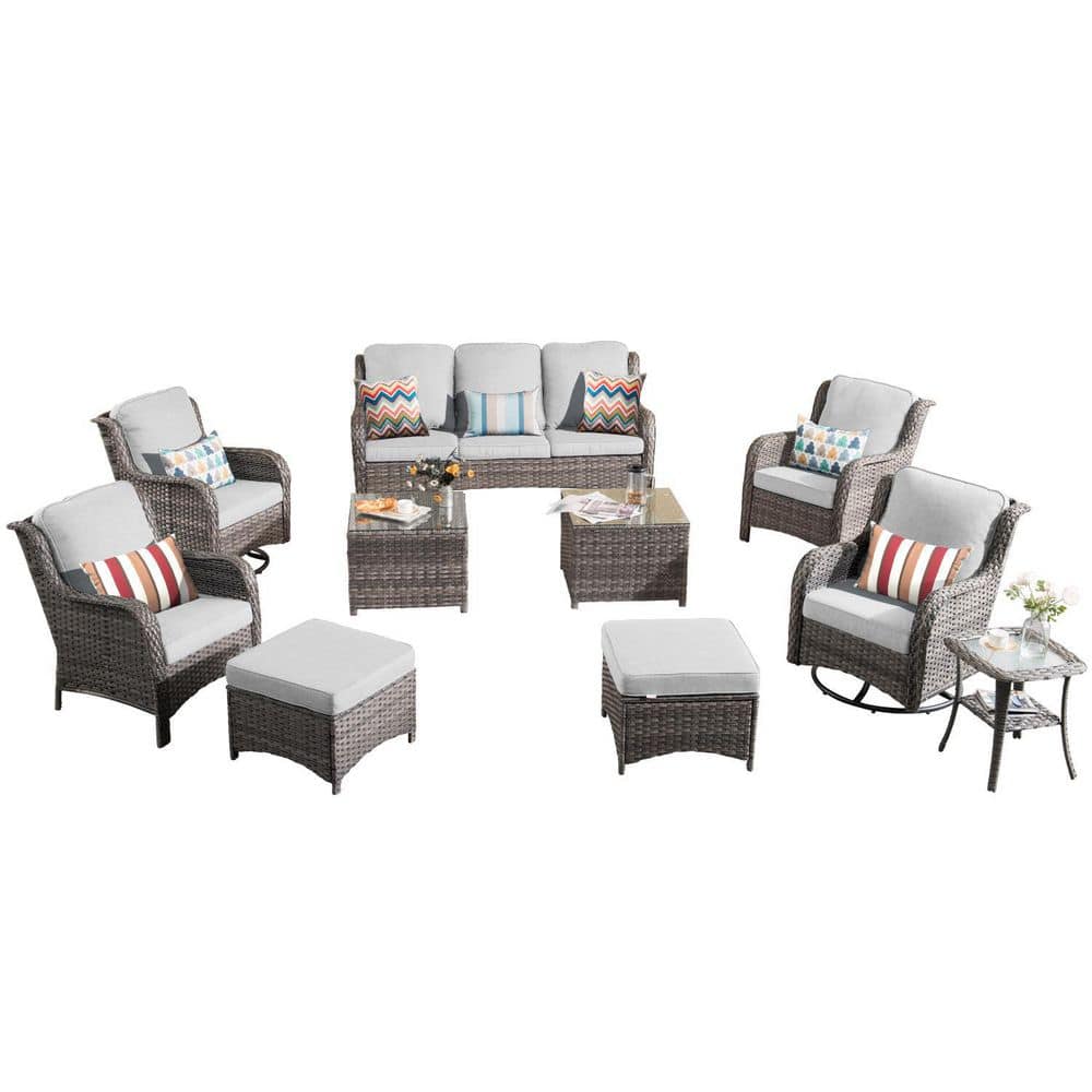 New Kenard Gray 10-Piece Wicker Patio Conversation Set with Gray Cushions and Swivel Rocking Chairs -  OVIOS, GNTC400-10R