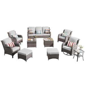 New Kenard Gray 10-Piece Wicker Patio Conversation Set with Gray Cushions and Swivel Rocking Chairs