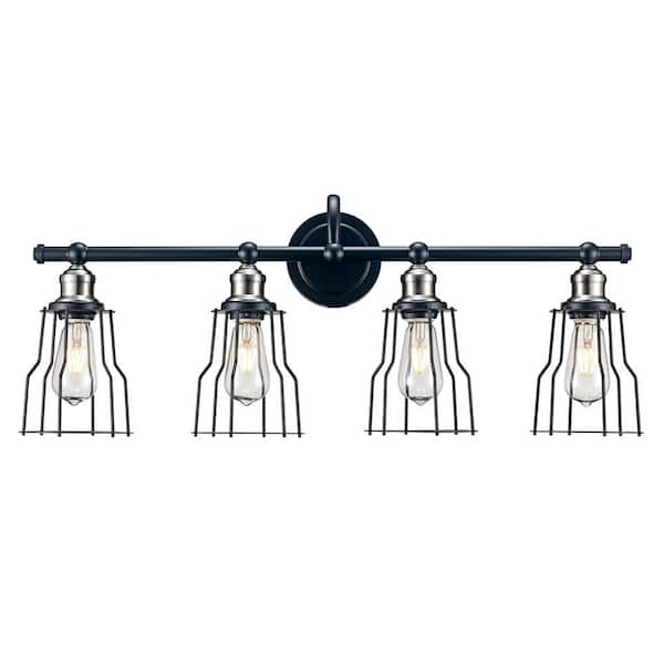 Monteaux Lighting 31 in. 4-Light Black with Brushed Nickel Bathroom Vanity Light Fixture with Metal Frame Shades