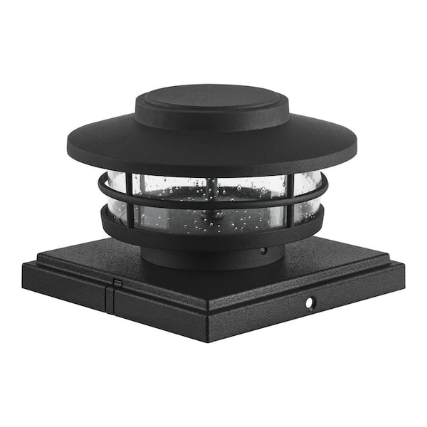 Hampton Bay Marion 25-Watt Equivalent Black Low Voltage LED Outdoor Post Cap Light with Seeded Glass