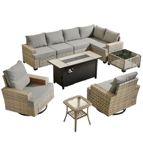 Torino Gray 10-Piece Wicker Outdoor Patio Conversation Sofa Sectional Set with a Metal Fire Pit and Dark Gray Cushions