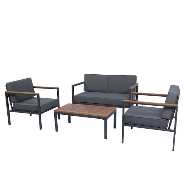 Zeus & Ruta Dark Gray 4-Piece Metal Conversation Set with Dark Gray Cushions and Coffee Table for Garden, Backyard, Poolside