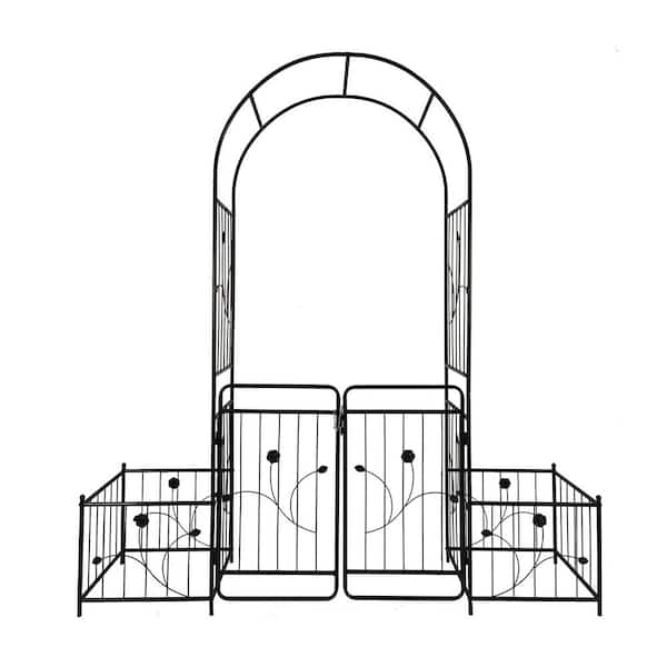 BTMWAY 86.6 in. x 79.5 in. Metal Garden Arbor with Gate and 2 Plant Stands, Outdoor Decor