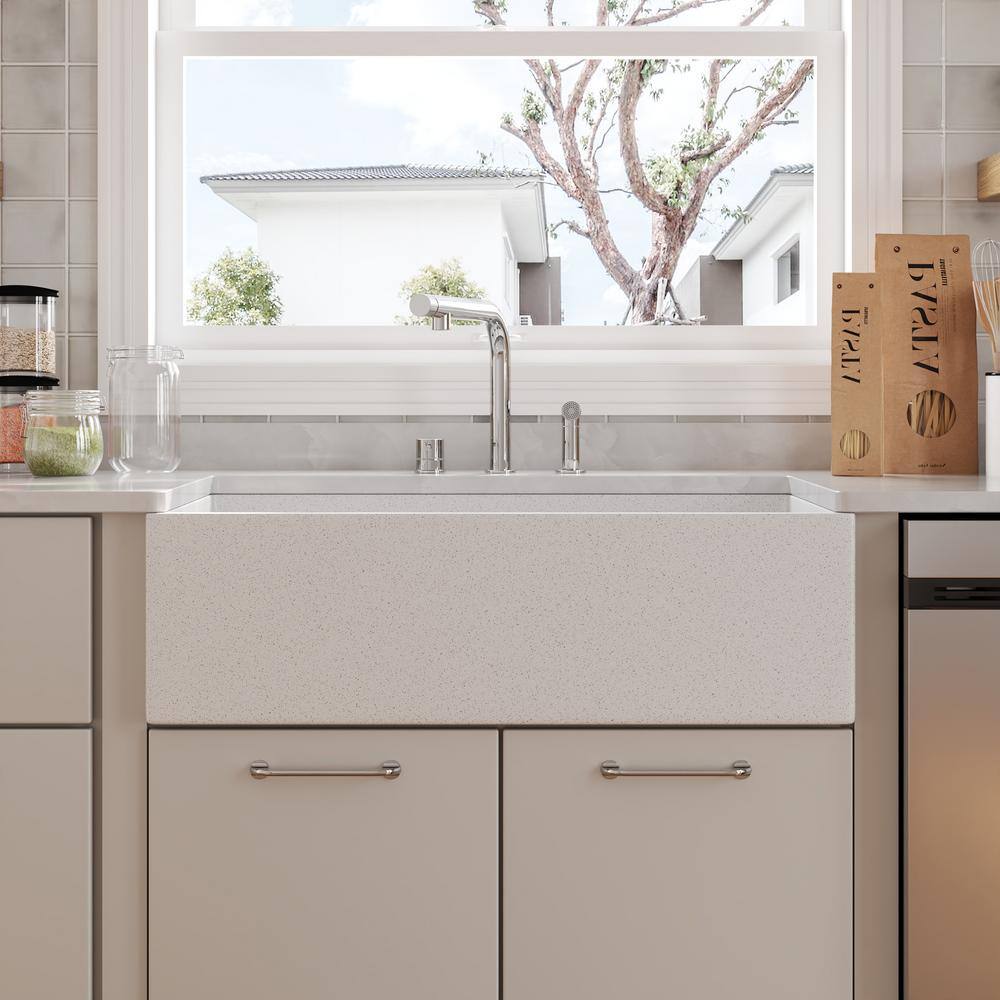 Gritty White Concrete Farmhouse Kitchen Sink with Stainless Steel Grid