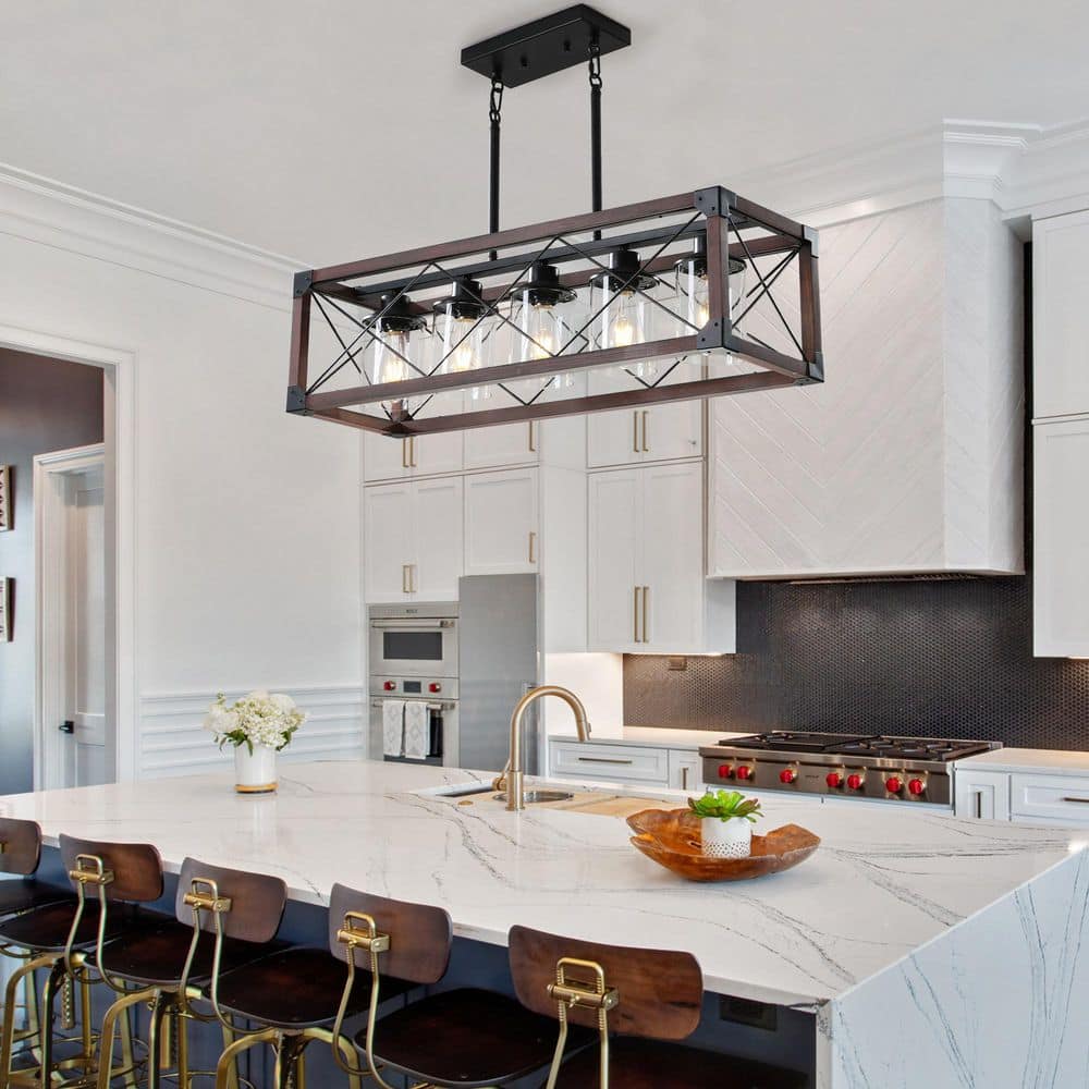 5-Light Red and Black Solid Wood Cage Industrial Rectangular Chandelier for Kitchen Island with No Bulbs Included price history on PriceWatchPro
