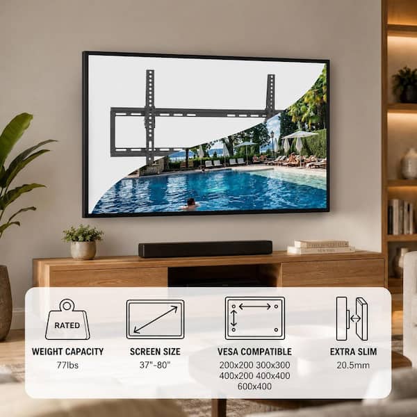 Low-Profile Tilting TV Wall Mount for 37 in. - 80 in. Flat Panel TVs with 8° Tilt, 77 lb. Load Capacity