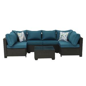 7-Piece Dark Coffee Wicker Outdoor Patio Sectional Sofa Conversation Set with Peacock blue Cushions and 1-Coffee Table