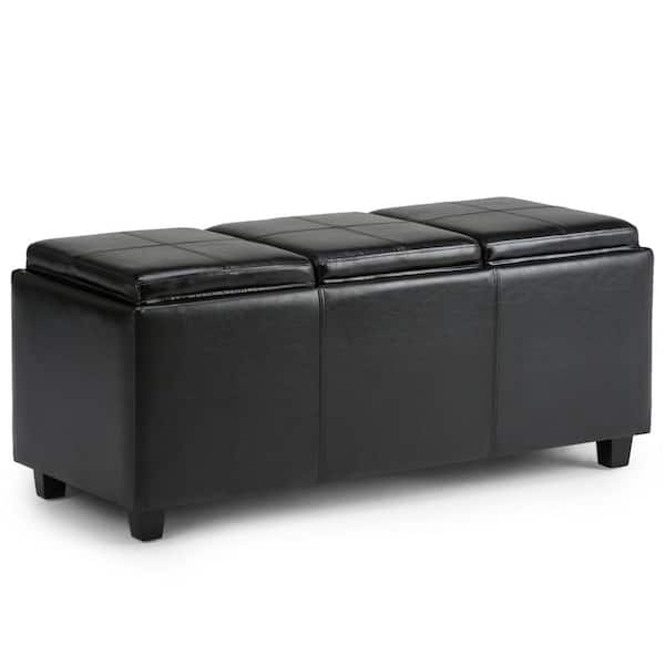 Simpli Home Avalon 42 in. Wide Contemporary Rectangle Storage Ottoman in Midnight Black Vegan Faux LeatherBedroom Bench