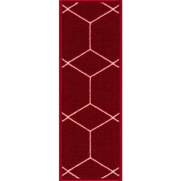 PLAYA RUG Hexagon Burgundy Red 8.5 in. x 26 in. Nylon Stair Tread Cover (Set of 3)
