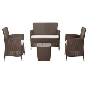 Mocha 4-Piece Plastic Loveseat Patio Conversation Set with Light Beige Cushions