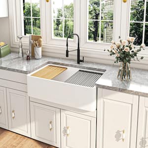 White Fireclay 33 in. Single Bowl Farmhouse Apron Workstation Kitchen Sink with Accessories