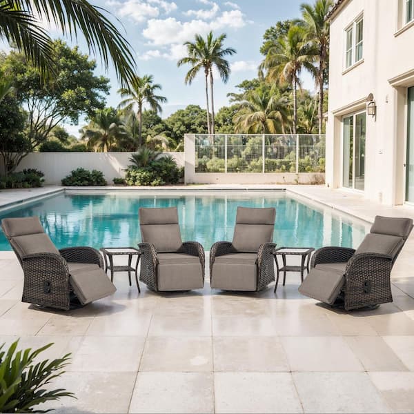 Comfort Series 6-Piece Wicker Patio Versatile Pneumatic Swivel Conversation Set with Gray Cushions