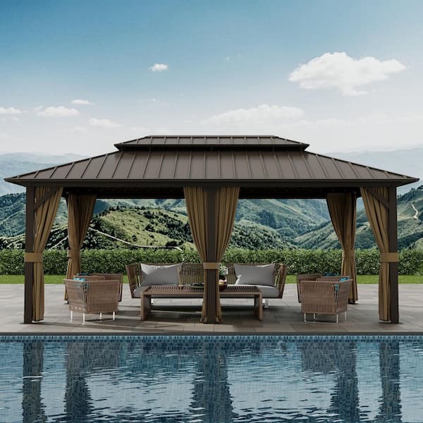 12 ft. x 20 ft. Double Galvanized Steel Roof Aluminum Frame Outdoor Patio Hardtop Gazebo with Netting and Curtains