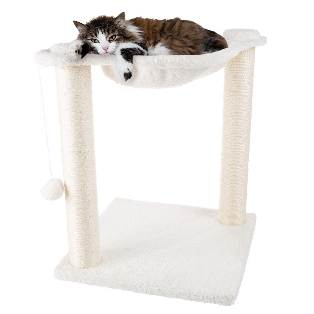 White Plush Cat Hammock with Sisal Scratching Posts