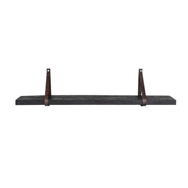 Storied Home 47.25 in. W x 7 in. D Luxury Black Mango Wood Decorative Wall Shelf with Leather Straps