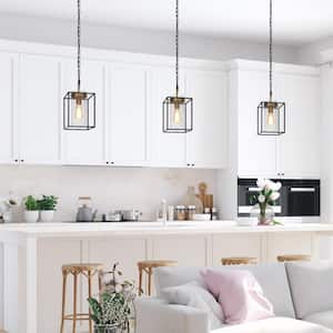 Modern Cage Kitchen Pendant Lighting 1-Light Black & Brass Pendant Light for Kitchen Island with Seeded Glass Shade