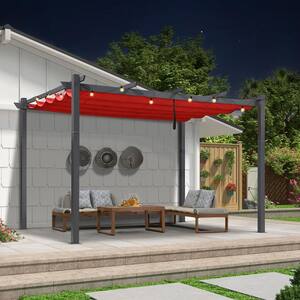 9.5 ft. x 13 ft. Gray Aluminum Frame Pergola Against The Wall with Red Retractable Sun Shade Canopy and String Lights