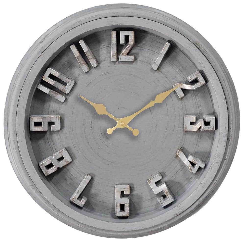 16 in. Grey Analog Extra-Large 3D Font Wall Clock Silent Non Ticking, Retro