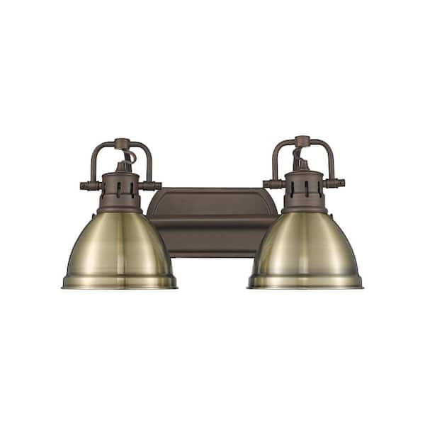 Golden Lighting Duncan 8.25 in. 2-Light Rubbed Bronze Vanity Light with Gold Shade
