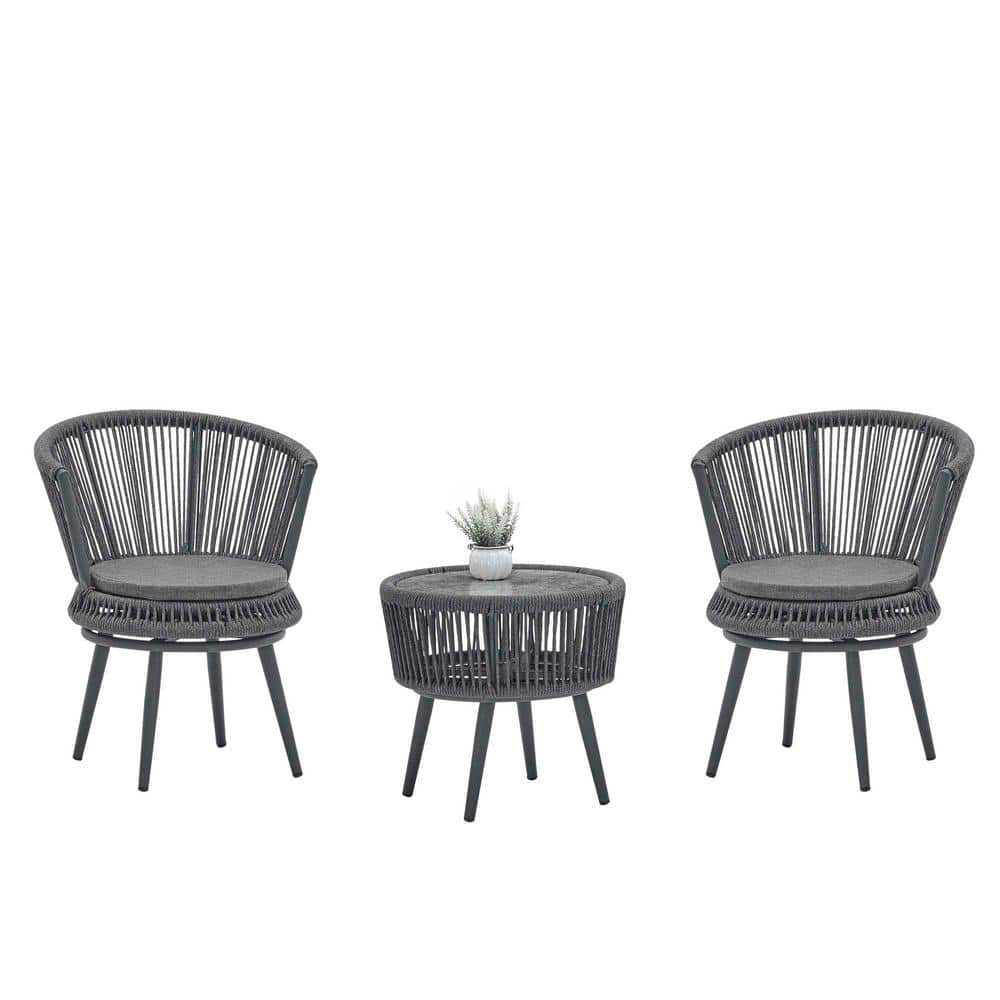 Gray 3-Piece Wicker Metal Round Outdoor Dining Set with Gray Cushions