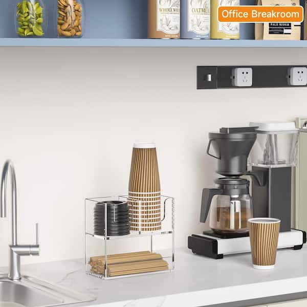 Clear Acrylic 2-Tier Cup Dispenser Coffee Station Organizer for 10 oz 12 oz 16 oz Cups and Lids, 1 Pack