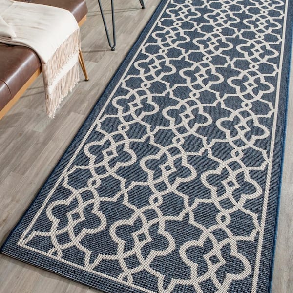 Courtyard Navy/Beige 3 ft. x 8 ft. Border Indoor/Outdoor Patio  Runner Rug