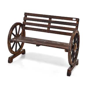 Patio Wagon Wheel Bench Outdoor Garden Wooden Rustic Bench with Slatted Design