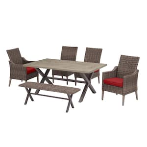 Rock Cliff 6-Piece Brown Wicker Outdoor Patio Dining Set with Bench and CushionGuard Chili Red Cushions
