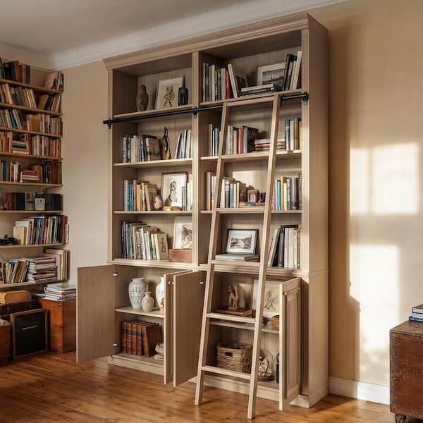 97.6 in. Tall Brown Wood 12-Shelf Accent Bookcase with Lower Cabinet Storage, Sliding Ladder For Living Room Storage