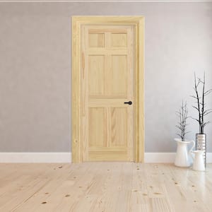 24 in. x 80 in. 6-Panel Left-Hand Unfinished Pine Wood Single Prehung Interior Door with Nickel Hinges