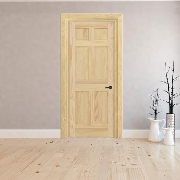 32 in. x 80 in. 6-Panel Left-Hand Unfinished Pine Wood Single Prehung Interior Door with Nickel Hinges