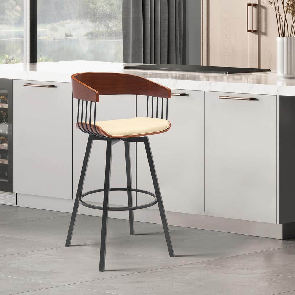 Armen Living Athena Swivel 27 in. Cream/Walnut and Black Metal/Wood Counter Stool with Cream Faux Leather Seat
