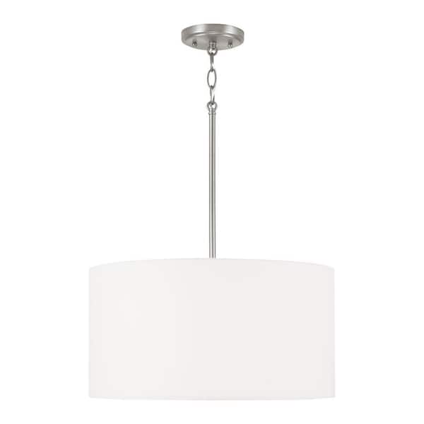 HOMEPLACE LIGHTING Alan 18 in. W x 9 in. H 3-Light Pendant in Brushed Nickel with White Fabric Drum Shade and Acrylic Diffuser
