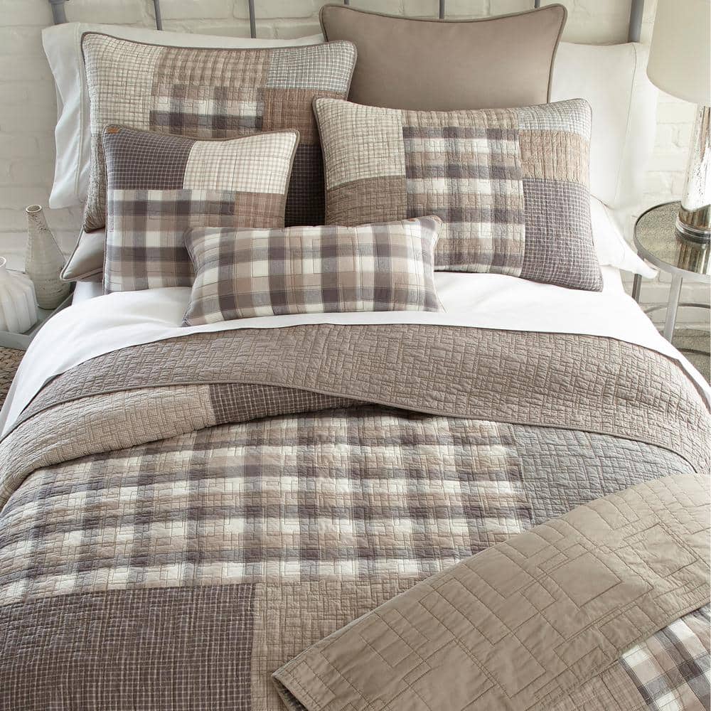 Modern Gray Cotton King Quilt Set with Reversible Patchwork Design