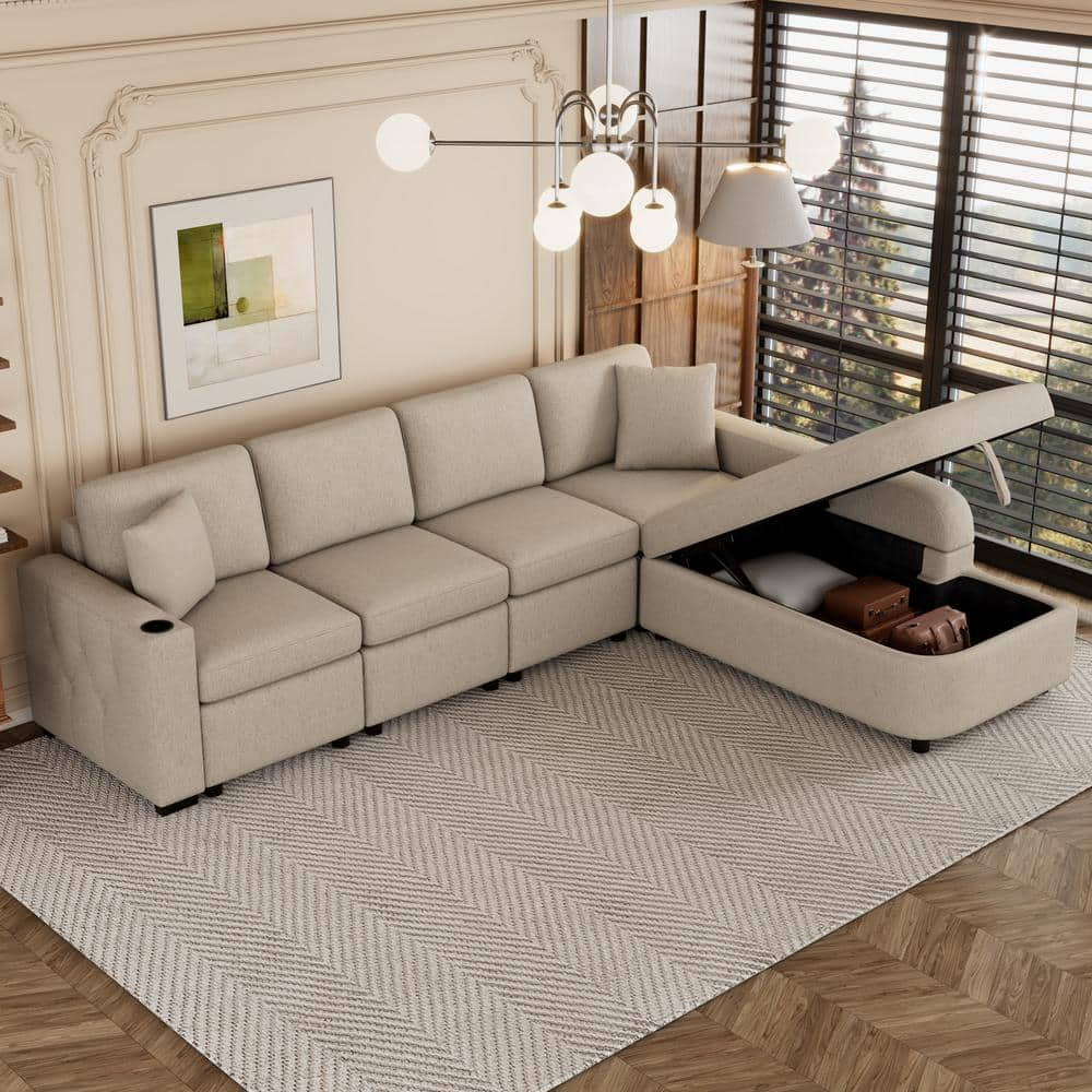 109.8 in. Square Arm Chenille Upholstered L-shaped Sectional Sofa in. Beige with Storage Chaise, Cup Holder, USB Ports -  Harper & Bright Designs, CJ080AAA