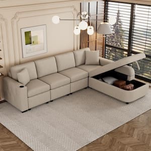 109.8 in. Square Arm Chenille Upholstered L-shaped Sectional Sofa in. Beige with Storage Chaise, Cup Holder, USB Ports