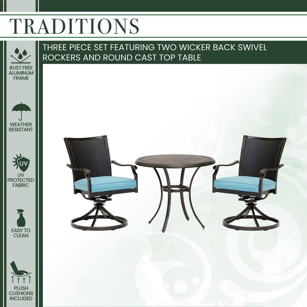 Bronze Finish 2-Person Outdoor Bistro Set with Cushioned Wicker Swivel Rockers