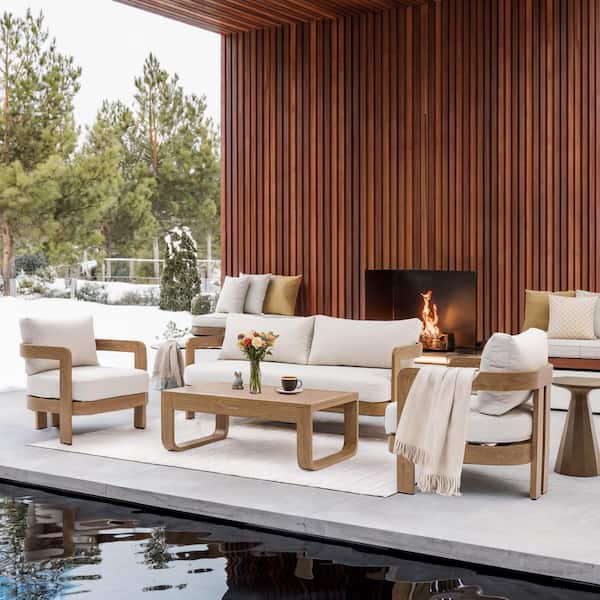 Outdoor Aluminum Sofa Set, Wood Grain Veneer Sofa 4-piece Set for Patio, 5 Person Outdoor Seating Sofa, Beige Cushion