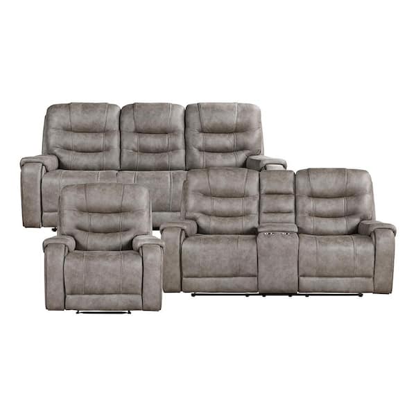 Lazzara Millington 87 in. W Pillow Top Arm Microfiber Rectangle 3-Piece Manual Reclining Sofa Set in Grayish Brown